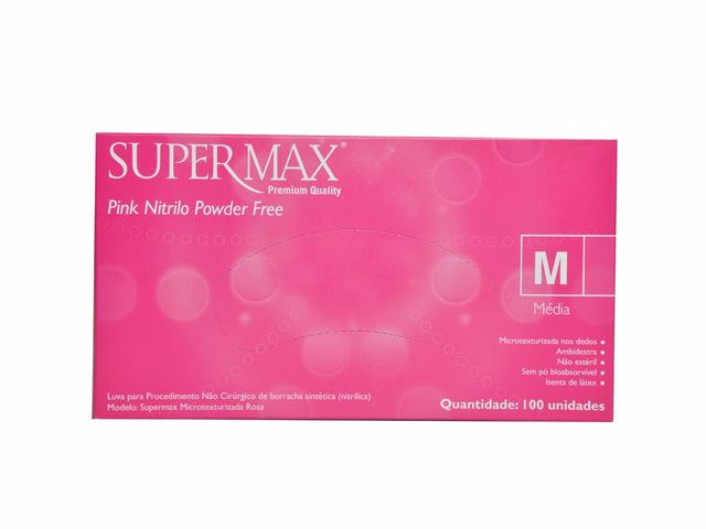 Luva Descartável - Nitrilo - Rosa - Sem Pó - Texturizada - 100un - Supermax Luva Descartável - Nitrilo - Rosa - Sem Pó - Texturizada - 100un - Supermax