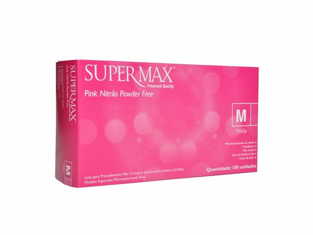 Luva Descartável - Nitrilo - Rosa - Sem Pó - Texturizada - 100un - Supermax Luva Descartável - Nitrilo - Rosa - Sem Pó - Texturizada - 100un - Supermax