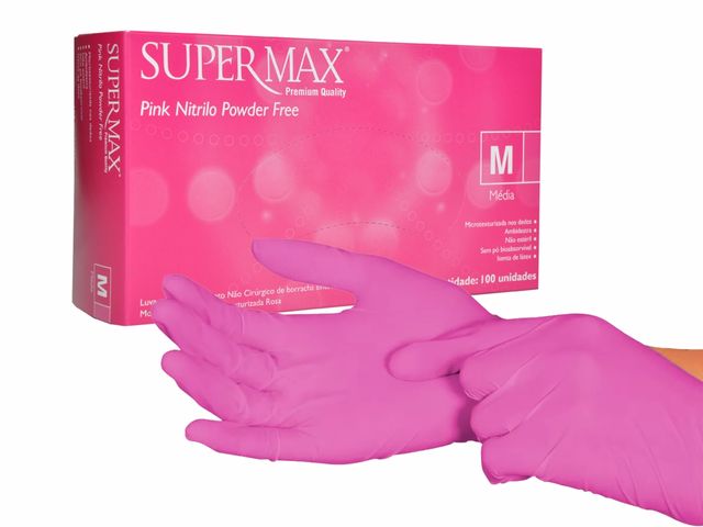 Luva Descartável - Nitrilo - Rosa - Sem Pó - Texturizada - 100un - Supermax Luva Descartável - Nitrilo - Rosa - Sem Pó - Texturizada - 100un - Supermax