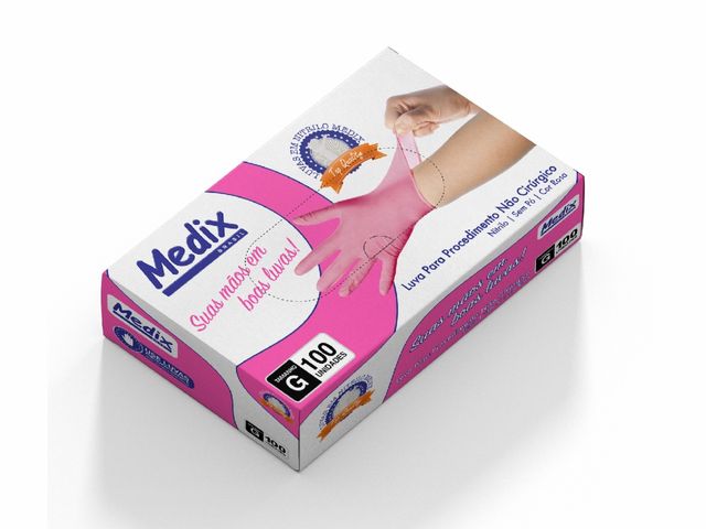 Luva Descartável - Nitrilo - Rosa - Sem Pó - 100un - Medix Brasil