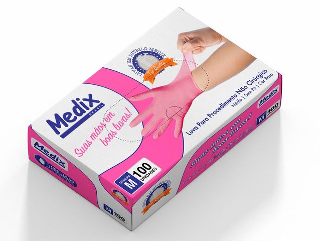 Luva Descartável - Nitrilo - Rosa - Sem Pó - 100un - Medix Brasil