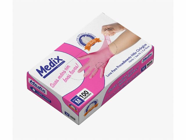 Luva Descartável - Nitrilo - Rosa - Sem Pó - 100un - Medix Brasil