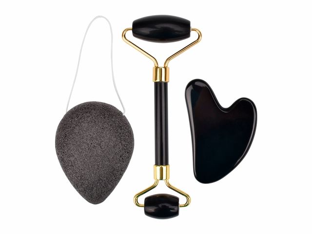Rolo Massageador de Obsidiana Negra + Guasha Coração + Esponja de Konjac – Smart GR