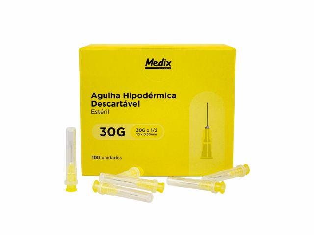 Agulha Hipodérmica Descartável - 0,30X13MM (30G.x1/2) - 100un - Medix Brasil