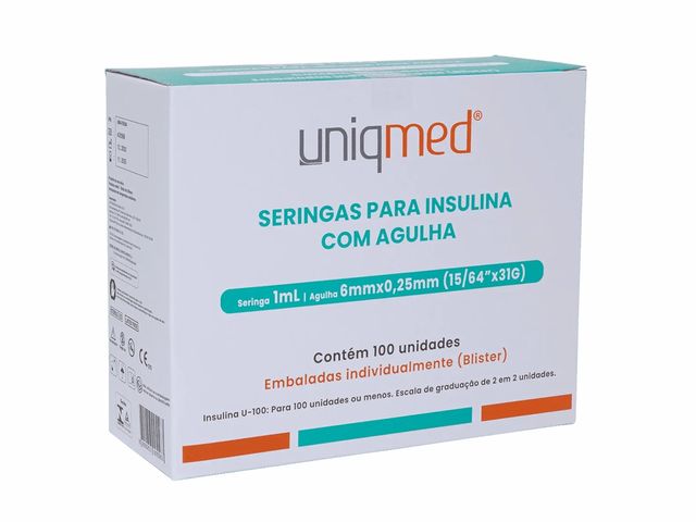 Seringa para Insulina e Toxina Botulínica – 1 mL – 6x0,25mm – 31G – 100un - UniqMed