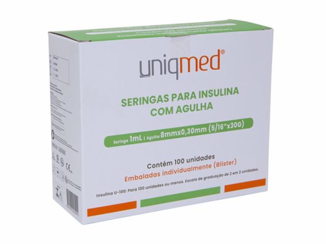 Seringa para Insulina com Agulha - 1mL - 8mmx0,30mm - 30g - Uniqmed