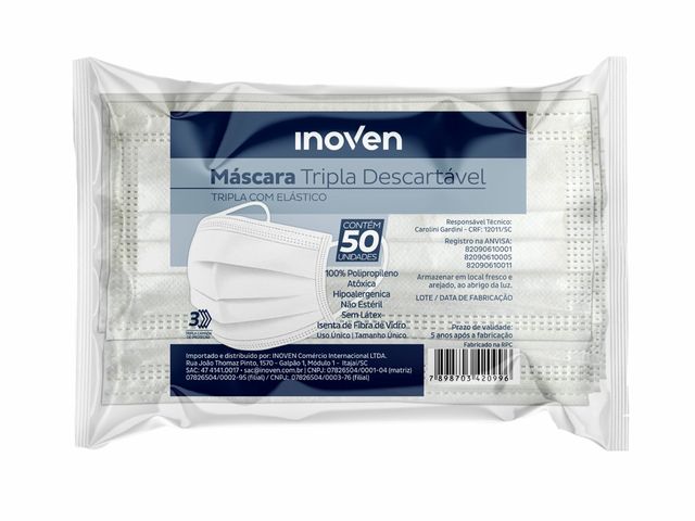 Máscara Branca Descartável - Tripla com Elástico - 50Un - Inoven 