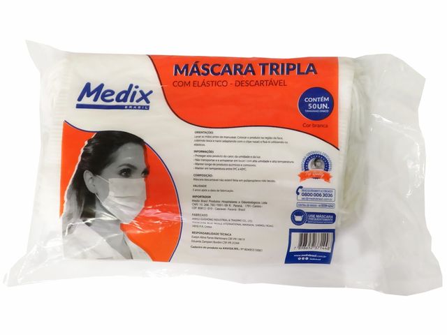 Máscara Descartável Tripla – Branca – com Elástico – 50un – Medix Brasil