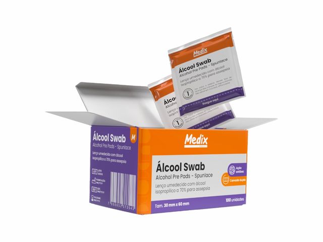 Álcool Swab – Lenço Umedecido com Álcool 70% Isopropílico – 100 Unidades – Medix Brasil
