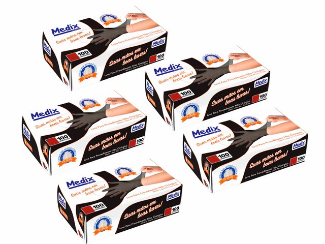 Kit 5 Caixas Luva de Nítrilo Preta - com 100un cada - Tamanho GG - Sem Pó - Medix 