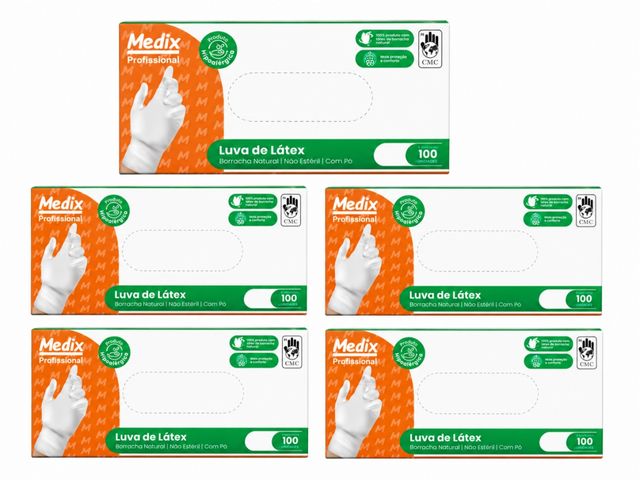 Kit 5 Caixas de Luva de Látex - Uso Geral -  Tamanho G - Com Pó - 100un - Medix Brasil