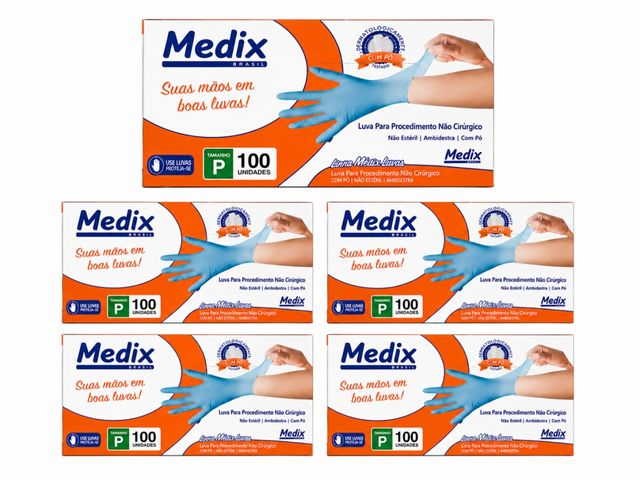 Kit 5 Caixas Luva de Nítrilo Azul -  Para Procedimento Não Cirúrgico - com 100un cada - Tamanho P - Sem Pó - Medix 
