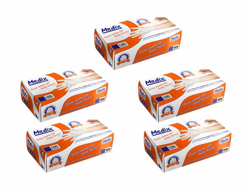 Kit 5 Caixas de Luva de Latex com Po - 100un - PP - Medix Brasil
